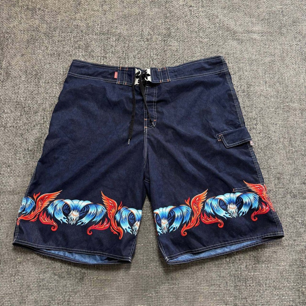 Quiksilver 90s Board Shorts Mens 38 Navy Blue Y2K Fire Water Graphic Surf Cargo